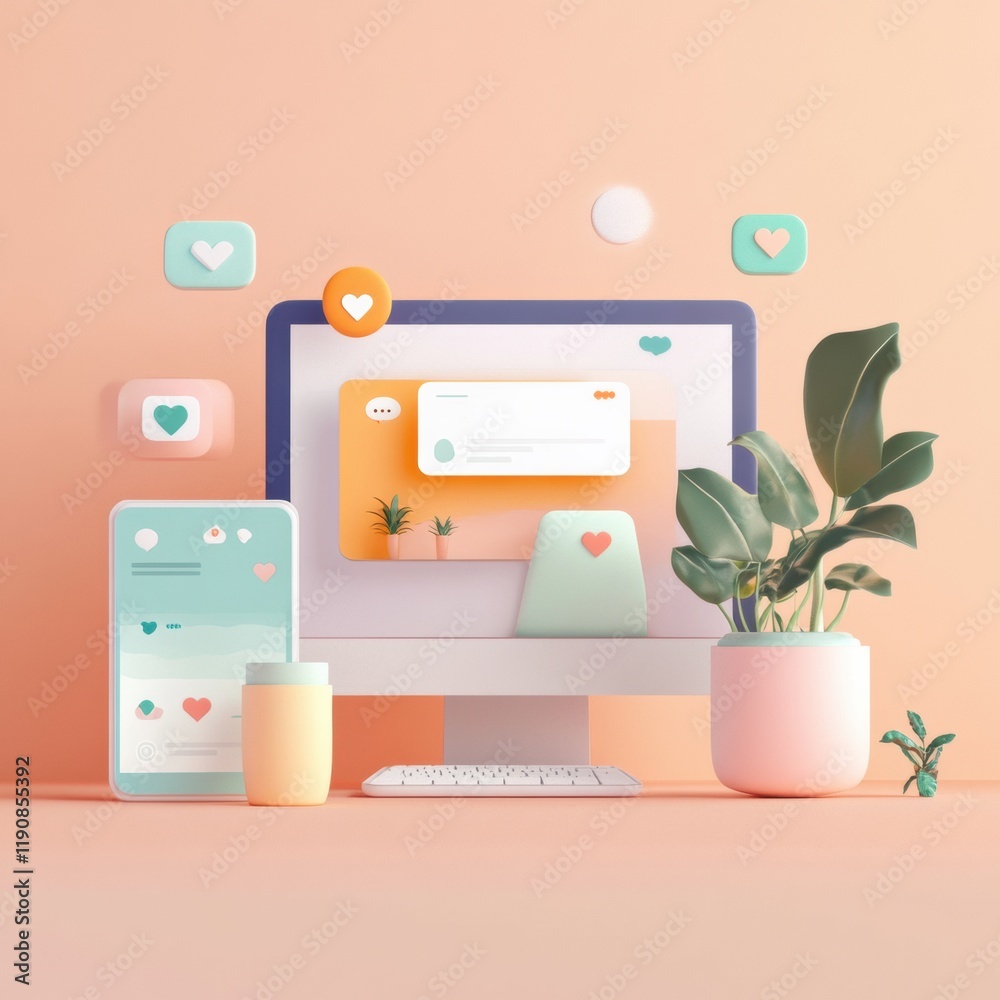 Poster stylized social media post design featuring devices and indoor plants in a modern workspace setting.