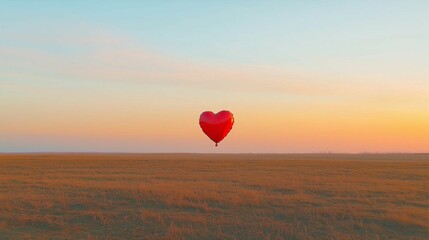Fototapeta premium A single red heart-shaped balloon floating over a vast open field at sunrise, with subtle tones of pink and gold, capturing the quiet romance of Valentine’s Day in a minimalist style