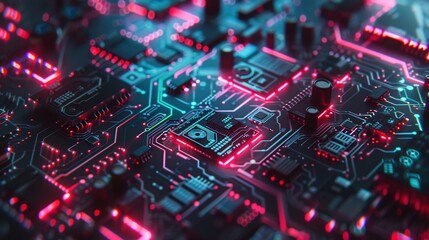 Glowing Circuit Board with Neon Lights and Futuristic Digital Technology Patterns  Abstract high tech computer hardware microchip and motherboard background with bright colors and energy connections