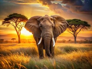 Obraz premium Majestic African Bull Elephant in Lush Savannah, Bokeh Background - Wildlife Photography