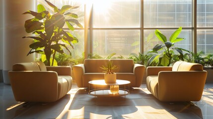 Spacious and inviting modern living room with comfortable couch armchairs and a sleek coffee table surrounded by lush indoor plants and bathed in warm natural sunlight through large windows