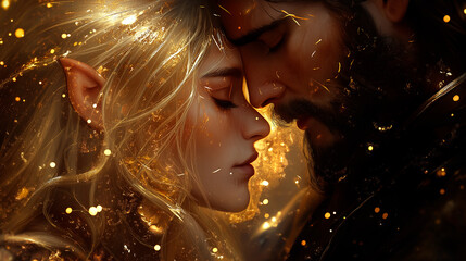 A romantic scene with an elven couple in a magical world filled with a mysterious atmosphere. Perfect for a romance novel cover or fantasy illustration.
