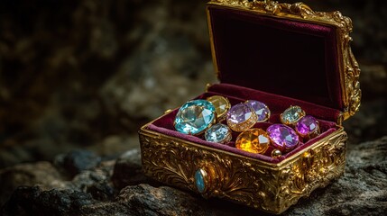 A velvet-lined jewelry box with gold details, holding a royal collection of precious gemstones, set against a dark, opulent background