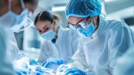 A team of experienced surgeons performing a complex operation with full concentration in well-lit operating room