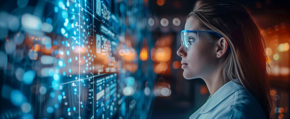 Scientist focused on data analysis with futuristic technology interface