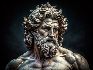 Obraz premium Majestic Ancient God of the Sea Statue - Powerful Poseidon Sculpture on Black Background