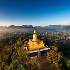 Generated image Drone view of Luang Prabang&rsquo;s Mount Phousi with its golden stupa shining in the morninlight