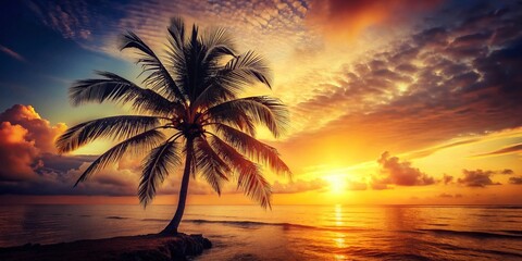 Obraz premium Vintage Palm Tree Sunset: Golden Hour Beach Scene