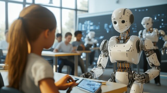 Class in school lab for group of multiracial diverse schoolkids interacting using gadgets for building engineering robots. Elementary science classroom of ai technologies. STEM education concept.