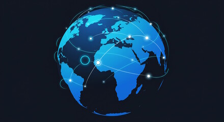 Design a vector illustration of a globe with interconnected lines and nodes, symbolizing global communication networks.