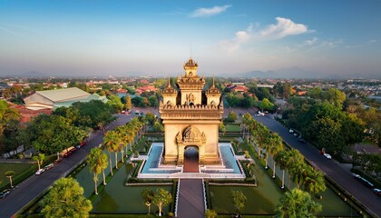 Naklejka premium Generated image Overhead view of the Patuxai Monument in Vientiane with lush gardens around it
