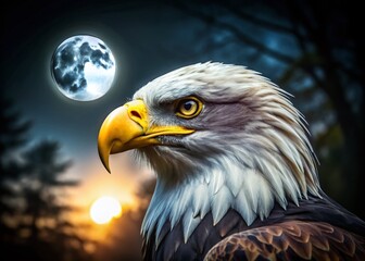 Obraz premium Majestic Bald Eagle Close-Up at Night: Powerful Bird of Prey Portrait