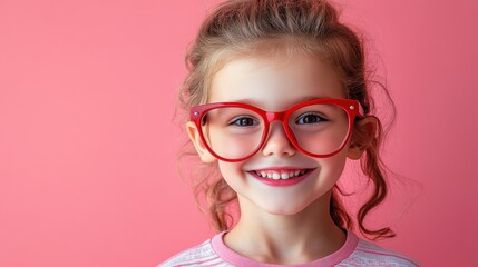 Fototapeta premium Young girl wearing glasses smiling while sitting on a couch in a cozy living room environment valentine day