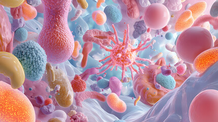 An artistic depiction of synthetic organisms in a bioreactor, showing vivid glowing cells and microorganisms interacting in a dynamic liquid medium with intricate patterns and vibrant colors