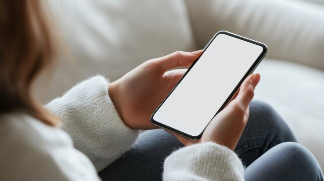 Woman's hands holding smartphone with blank screen.