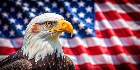 Majestic Bald Eagle with American Flag Bokeh Background - Memorial Day & Independence Day