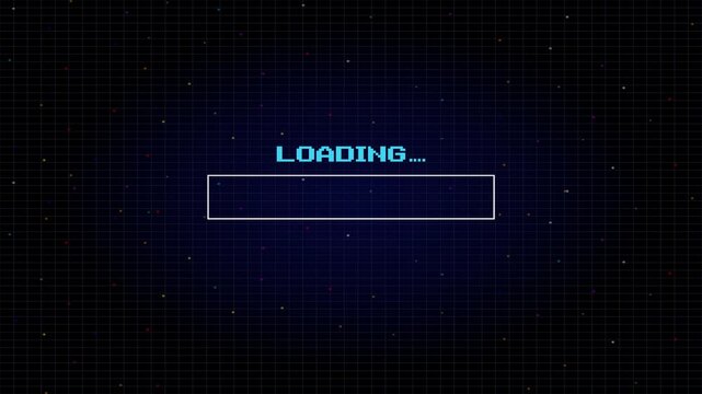 LOADING. pixel art. 8 bit game. retro game. for game assets. Retro Futurism Sci-Fi Background. glowing neon grid and star from vintage arcade computer games