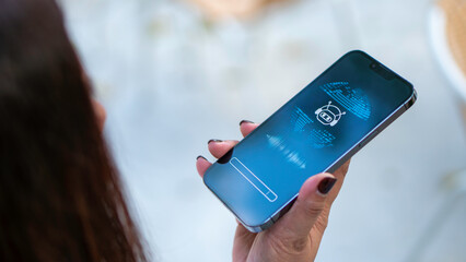 hand holding smart phone voice command with digital Artificial intelligence AI, technology smart robot AI, artificial intelligence for idea and generates.