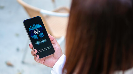 hand holding smart phone voice command with digital Artificial intelligence AI, technology smart robot AI, artificial intelligence for idea and generates.