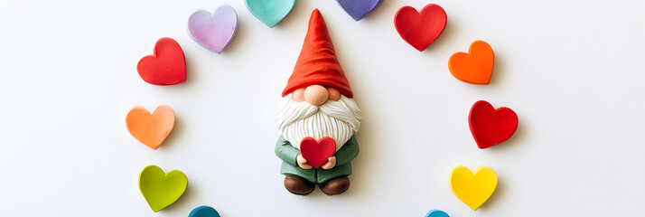 Obraz premium Romantic gnome holding heart surrounded by colorful hearts, symbolizing love