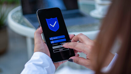 Phone password lock for mobile cyber security or login verification passcode in online bank app. phone with a password to access a smartphone, security threats online, and fraud.