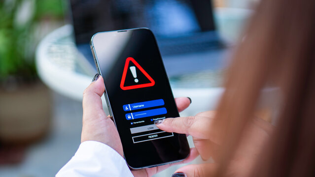 Emergency warning alert alarm on Smartphone, Data network protection, mobile cybersecurity or a password to confirm login in the online banking application. security technology digital information.