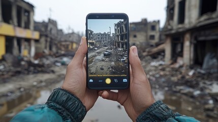 Smartphone captures war-torn city street scene.
