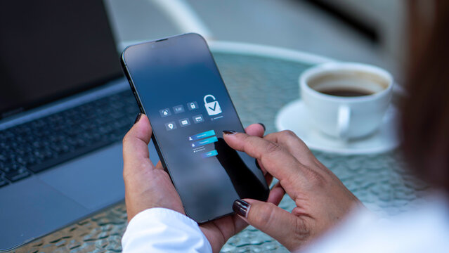 Phone password lock for mobile cyber security or login verification passcode in online bank app. phone with a password to access a smartphone, security threats online, and fraud. - Powered by Adobe