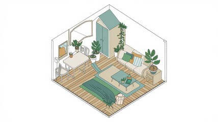 Isometric Drawing of a Cozy Plant Filled Living Room