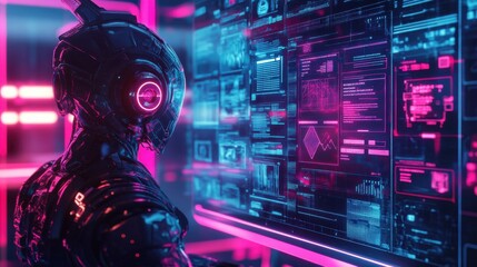 AI-powered robot optimizing user experience design on a futuristic digital interface, analyzing layouts and prototypes with vibrant neon accents in a creative workspace.