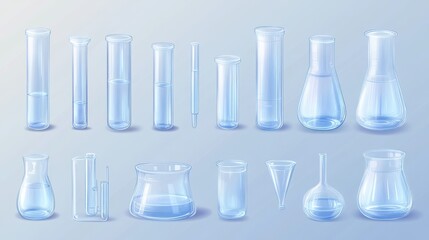 Lab equipment set. Isolated laboratory glass tube, beaker, flask, microscope icon collection. Chemical test, experiment equipment. Chemistry, biology science education vector illustration