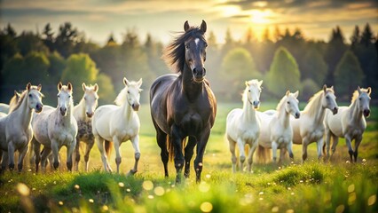 Obraz premium Majestic Black Stallion: Striking Contrast in a Herd of White Horses - Bokeh Effect Stock Photo