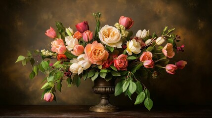 Fototapeta premium A stunning 2D image of a mix of fresh roses, tulips, and ivy leaves, arranged artistically in a vase, with soft lighting highlighting the colors, creating a romantic