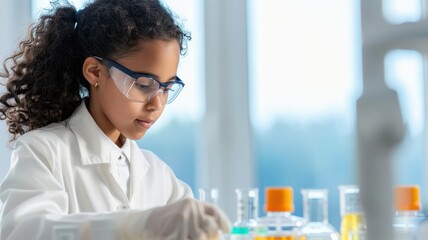 A young girl in a lab coat and safety goggles conducts an experiment, focused on colorful liquids in glass beakers.