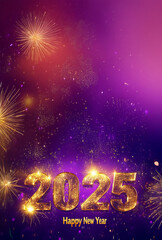 "2025 Happy New Year", texte en anglais, lettres dor&eacute;es feux d'artifice scintillants, ambiance festive et &eacute;l&eacute;gante sur fond violet espace n&eacute;gatif copyspace