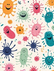 Colorful smiling cartoon microbes celebrating in a lively design with diverse shapes and cheerful expressions. Generative AI