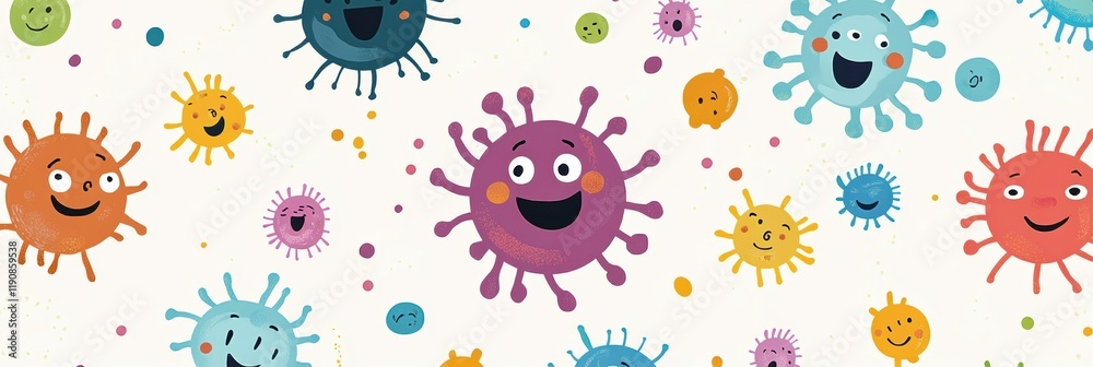 Poster bright and cheerful cartoon microbes with smiles spread joy in a colorful and friendly design. gener
