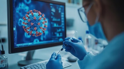 Researcher analyzing data on the computer in the laboratory at Covid-19 vaccine research