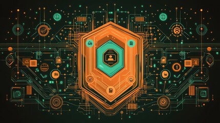 Illustration of a cybersecurity concept with a central shield icon surrounded