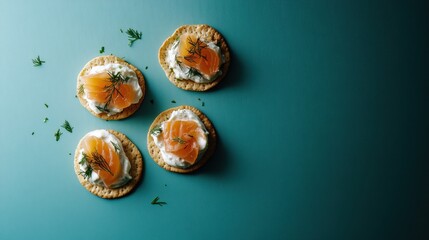 Cream cheese smoked salmon and dill crackers served on a blue background for a delightful appetizer experience