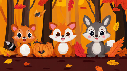Fototapeta premium adorable cartoon woodland animals enjoying autumn in a fox raccoon rabbit pumpkin patch illustration