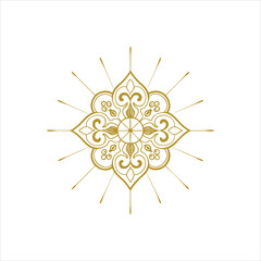 A vector illustration of a mandala silhouette with a white background. The mandala has a circular pattern with multiple layers of interlocking geometric shapes, including triangles, squares, and circl