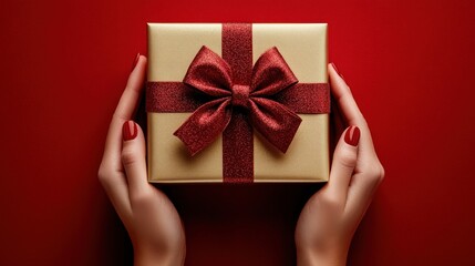 Woman holding a gift box with a red bow in a festive setting ready for celebration valentine day