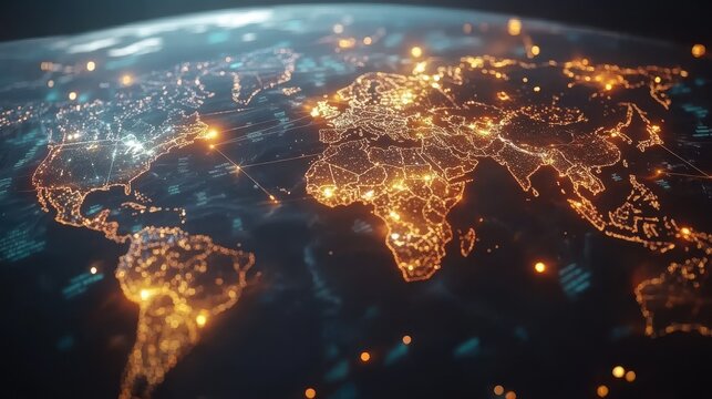 World map with glowing data points and lines representing business expansion strategy, showcasing global connectivity and growth opportunities
