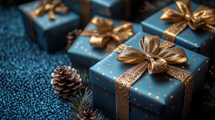 Group of blue gift boxes with gold bows and decorative pine cones arranged on a white background valentine day