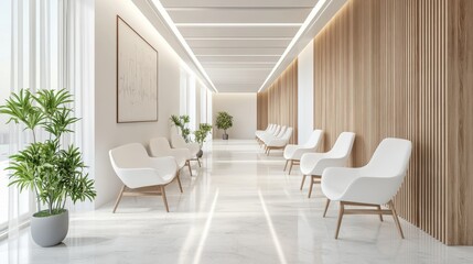 Fototapeta premium Empty modern hospital corridor, clinic hallway interior background with white chairs for patients waiting for doctor visit. Contemporary waiting room in medical office. Healthcare services concept