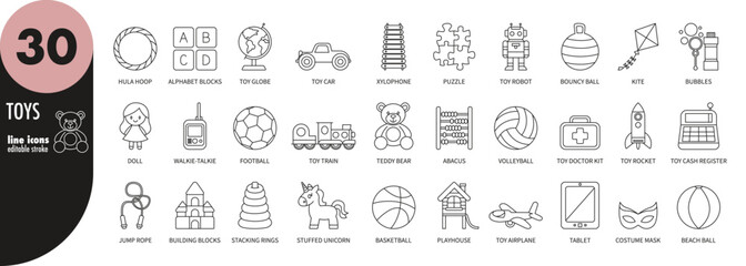 Kids, children toys editable stroke thin line icons set. Teddy, car, doll, train, robot, ball, unicorn, kite, bubbles, playhouse, xylophone, globe, puzzle, abacus, rocket, jump rope, vector