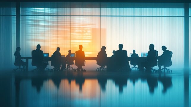 Professional business network with silhouettes of people and social media icons, double exposure on a softly blurred background for modern connectivity theme