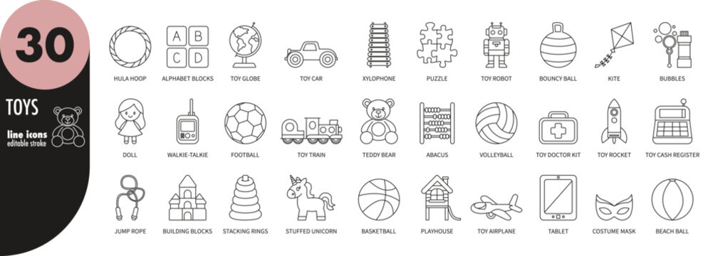 Kids, children toys editable stroke thin line icons set. Teddy, car, doll, train, robot, ball, unicorn, kite, bubbles, playhouse, xylophone, globe, puzzle, abacus, rocket, jump rope, vector