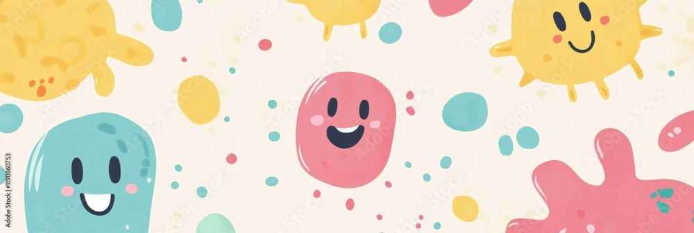 Poster cartoon microbes happily interacting in a colorful and playful background filled with cheerful bubbl